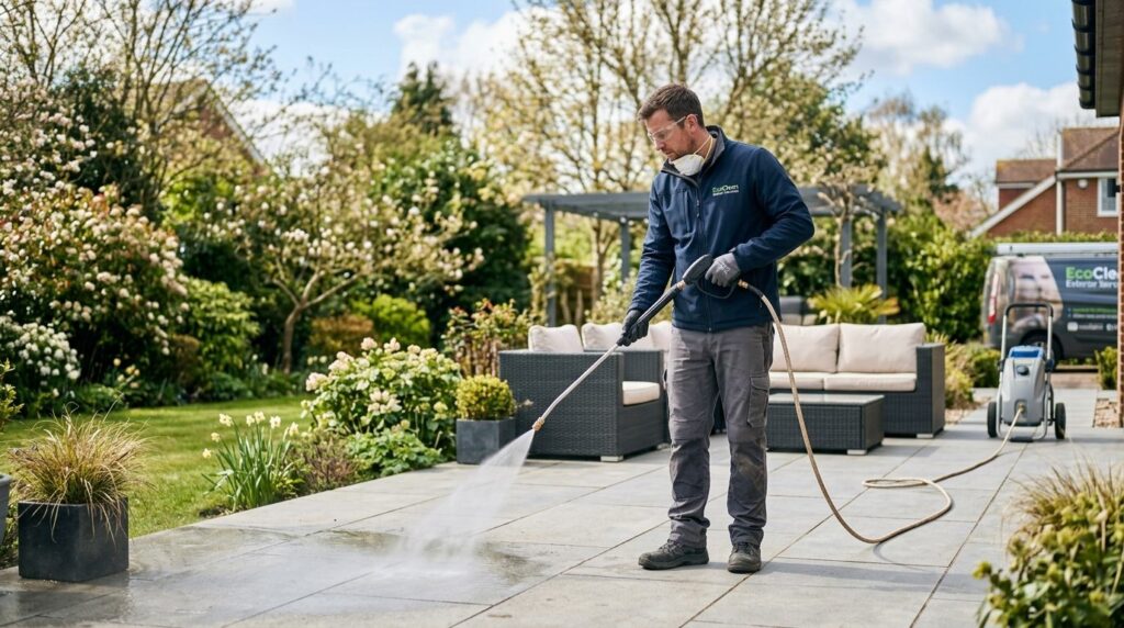 Professional worker applying specialized algae treatment sol