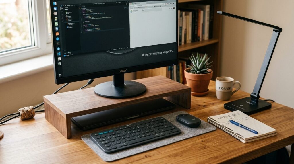 Close-up of budget-friendly desk accessories and tech setup,