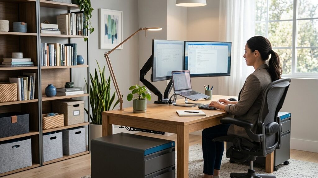 Modern home office corner with comfortable ergonomic chair,