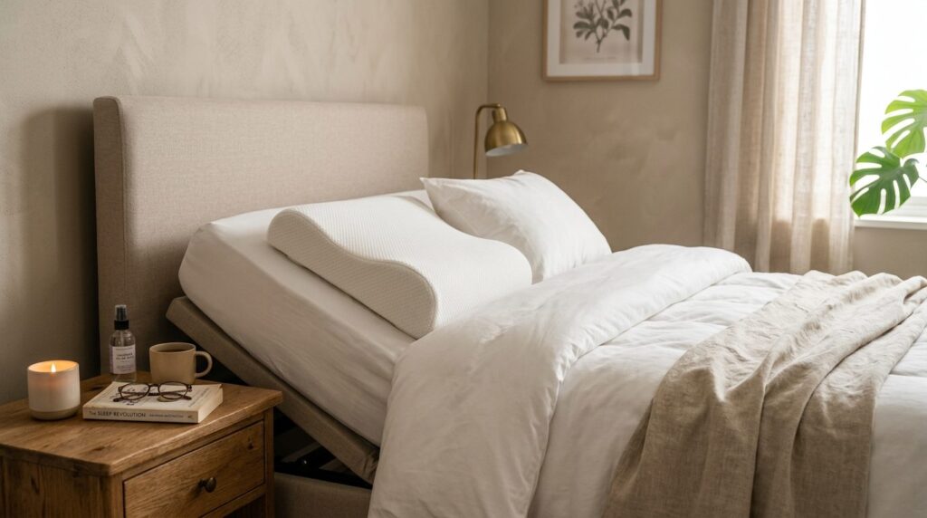 Close-up detail of a cozy bedroom corner with adjustable erg