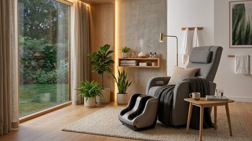Modern home relaxation zone with professional massage equipm