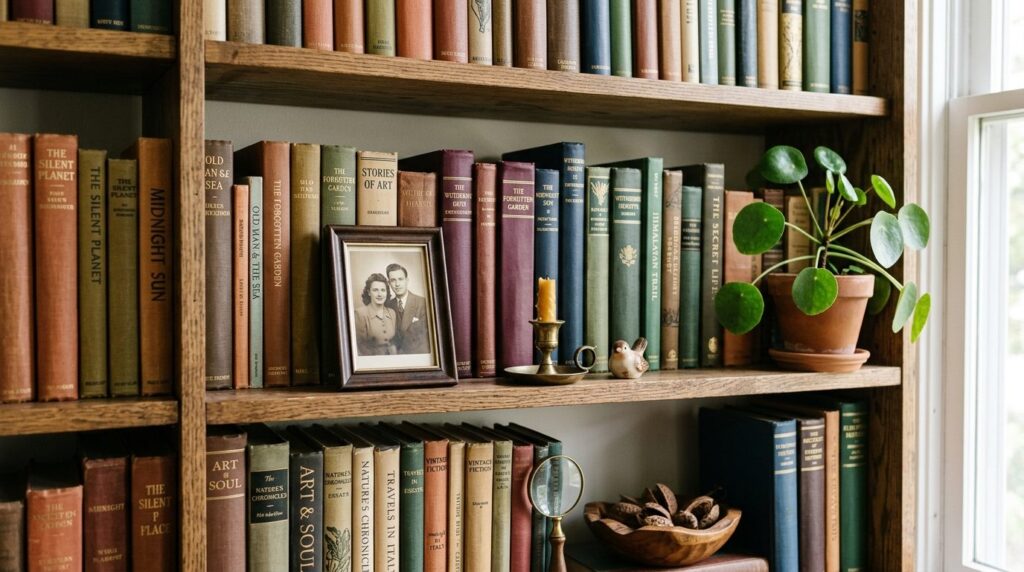 Close-up detail shot of an expertly styled bookshelf section