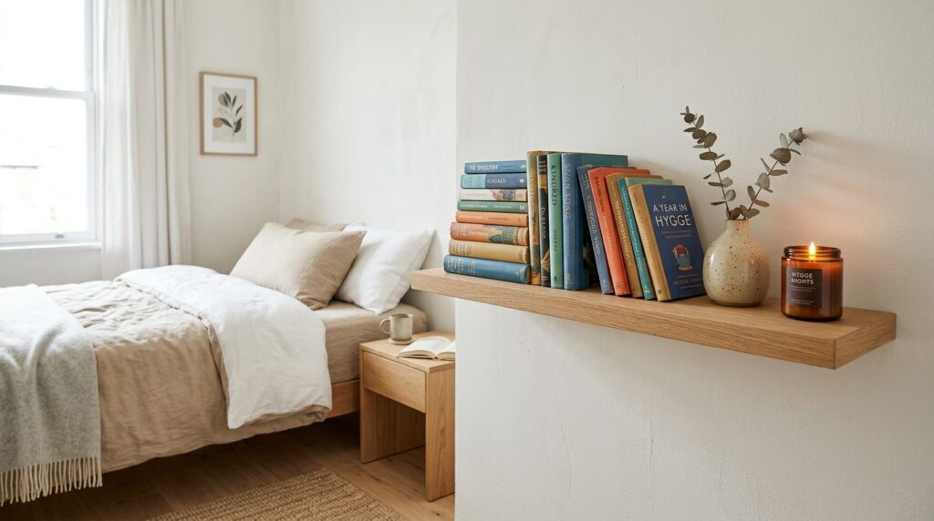 Minimalist Scandinavian bedroom corner with a floating woode