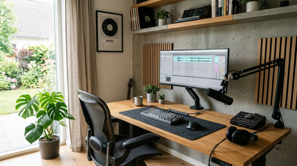 Stylish home office corner dedicated to music production and