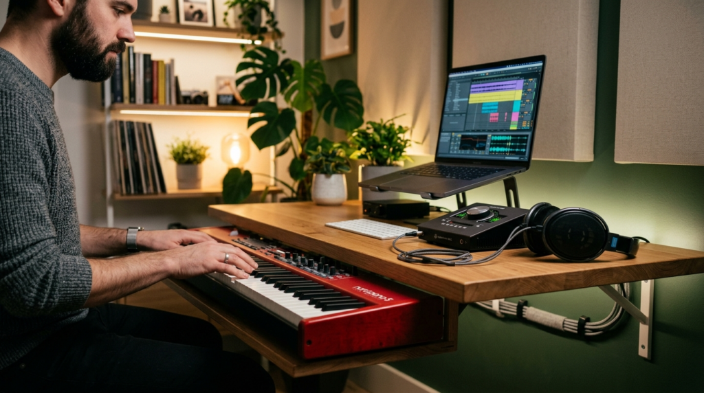 Close-up view of integrated music production workspace showi