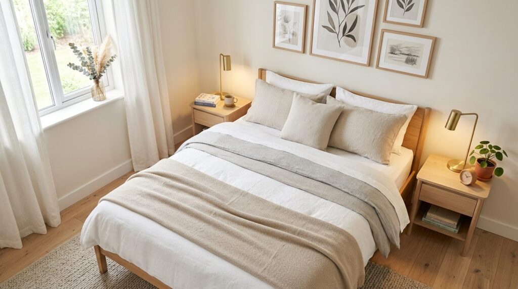 Close-up of a welcoming Scandinavian bedroom with soft natur