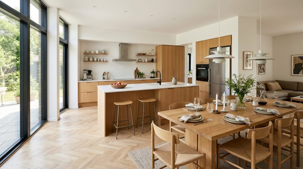 Wide-angle view of a modern Danish kitchen and dining area w