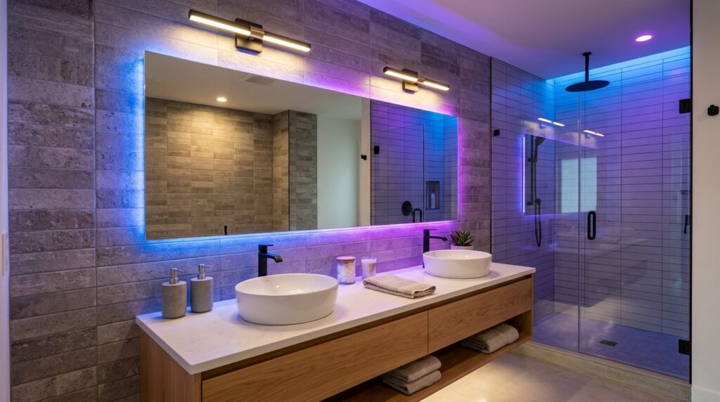 Completed modern bathroom mirror installation with color-cha
