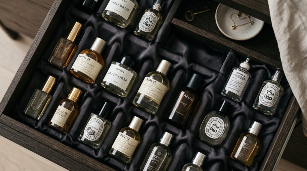 Close-up flat lay photography of small perfume bottles store