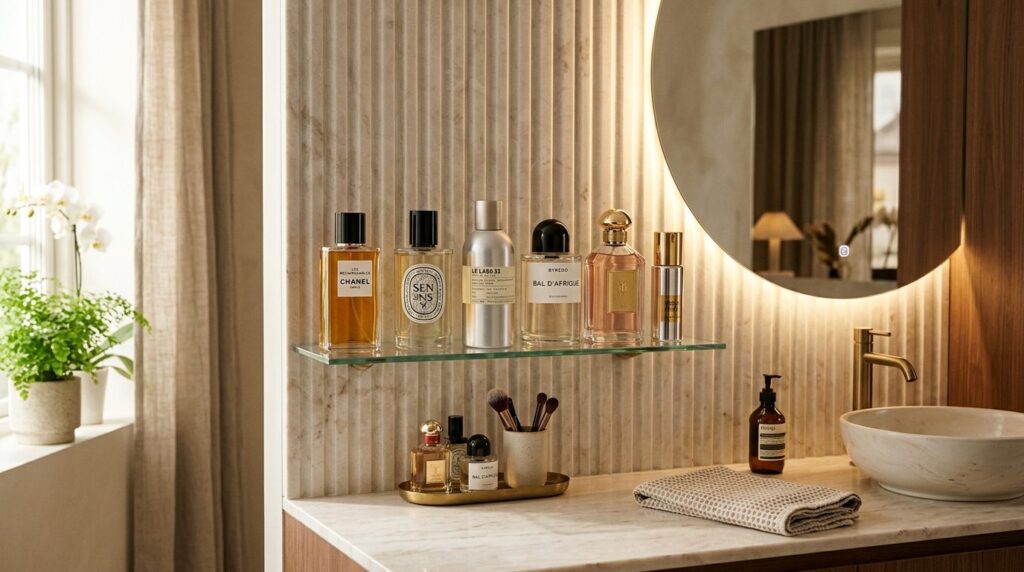 Elegant bathroom vanity scene showing multiple perfume refil