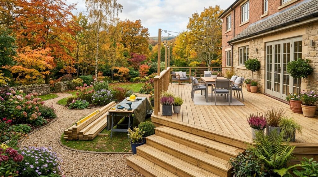 Wide-angle view of a residential garden in autumn with a new
