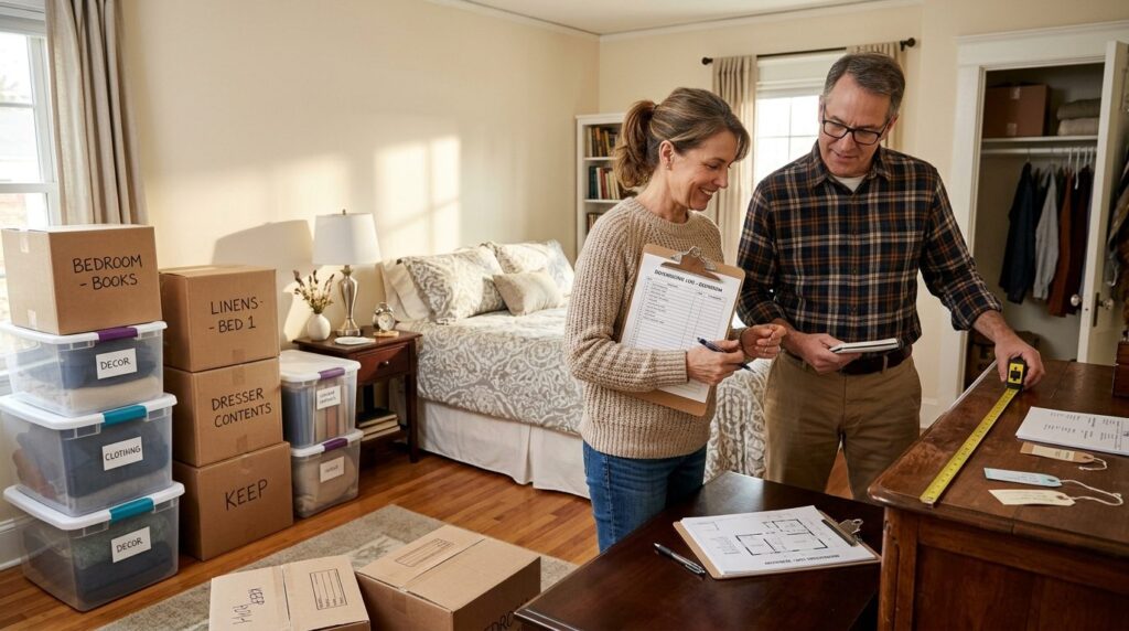 Close-up of organized downsizing process: Neatly stacked box
