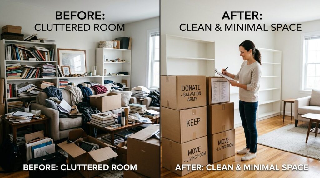 Before-and-after downsizing preparation: Split-screen visual