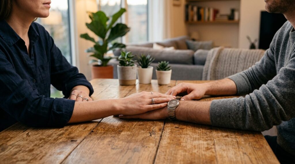 Close-up of two hands on a wooden table during an intimate c