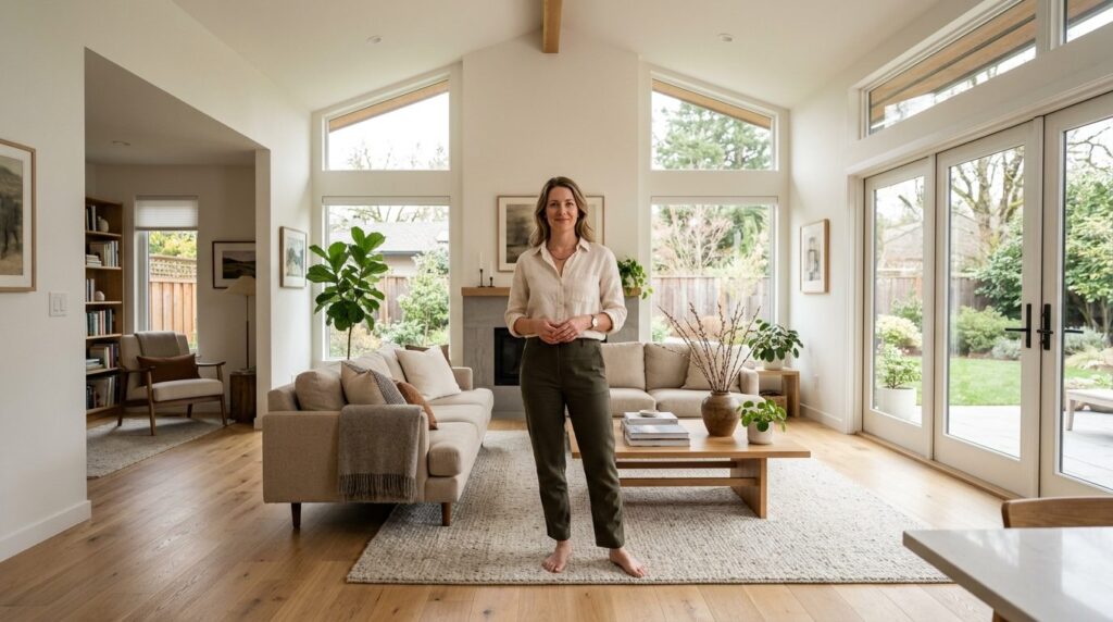 Wide shot of a serene home interior with a woman standing co