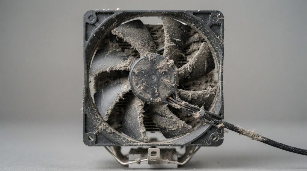 Close-up detailed photorealistic image of computer fan clogg