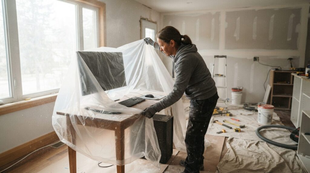 Wide photorealistic stock photo of homeowner covering deskto