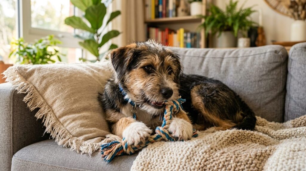 Close-up lifestyle shot of a young dog contentedly chewing o