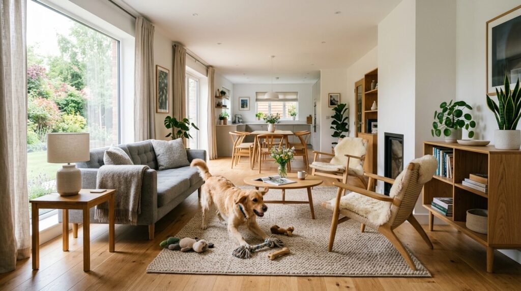 Wide angle interior photography of a well-decorated living r