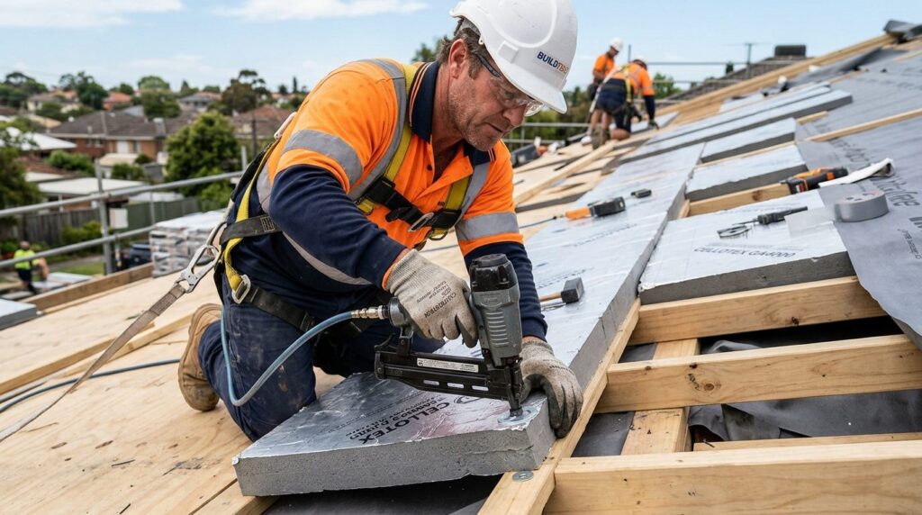 Close-up photorealistic image of a worker installing thermal