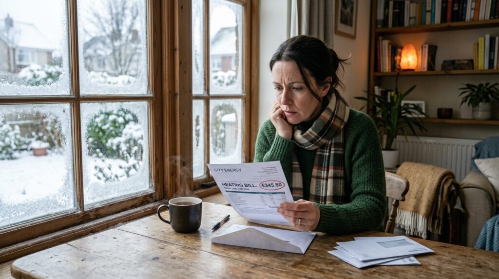 Photorealistic image of a homeowner looking at heating bill