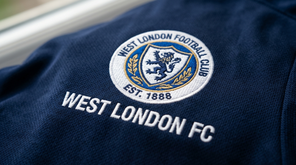 Close-up detail shot of embroidered club logo and club name 