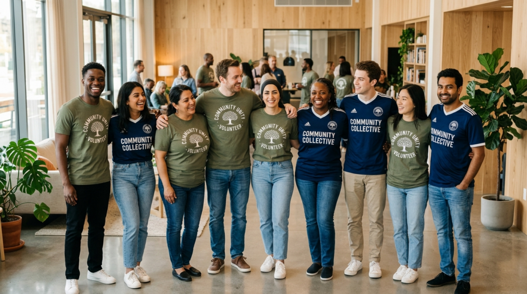 Group of diverse volunteers and club members wearing matchin
