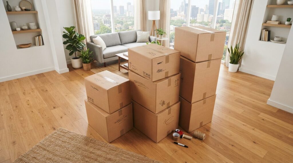 Organized moving day scene with multiple sealed cardboard bo