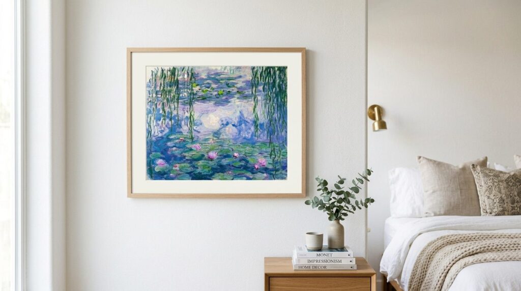 Detaljeret billede af en rammet impressionistisk kunstplakat med vandfarveskud og flydende penselstrøg.