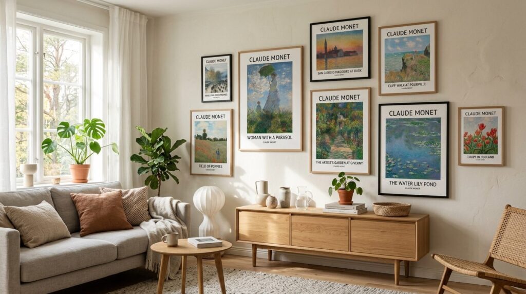 Stueinteriør med flere kunstplakater hængende på væggene i klassisk og moderne stilomgivelse.