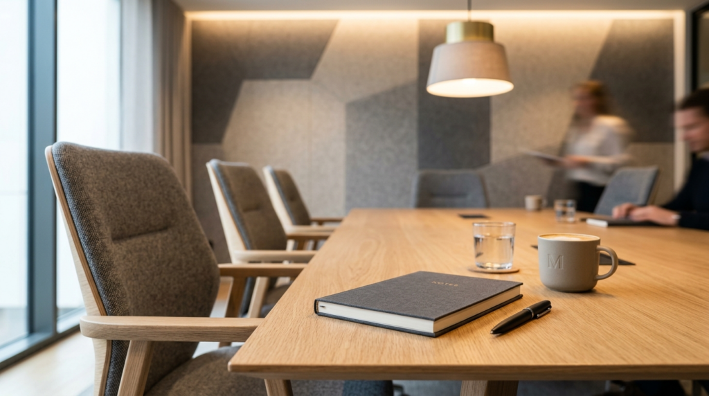 Close-up of premium conference table setup with modern chair
