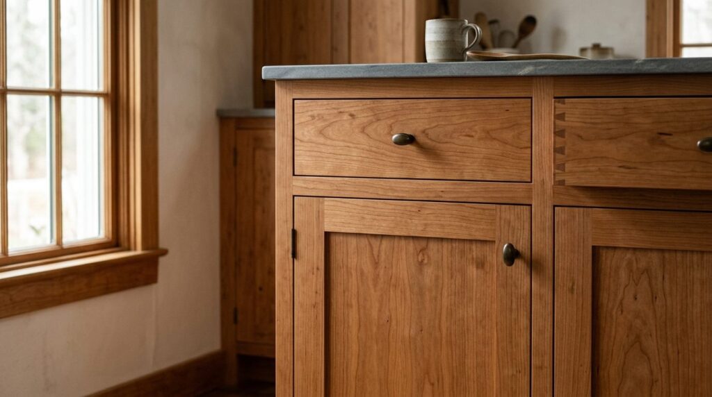 Close-up detail shot of authentic Shaker kitchen cabinetry w