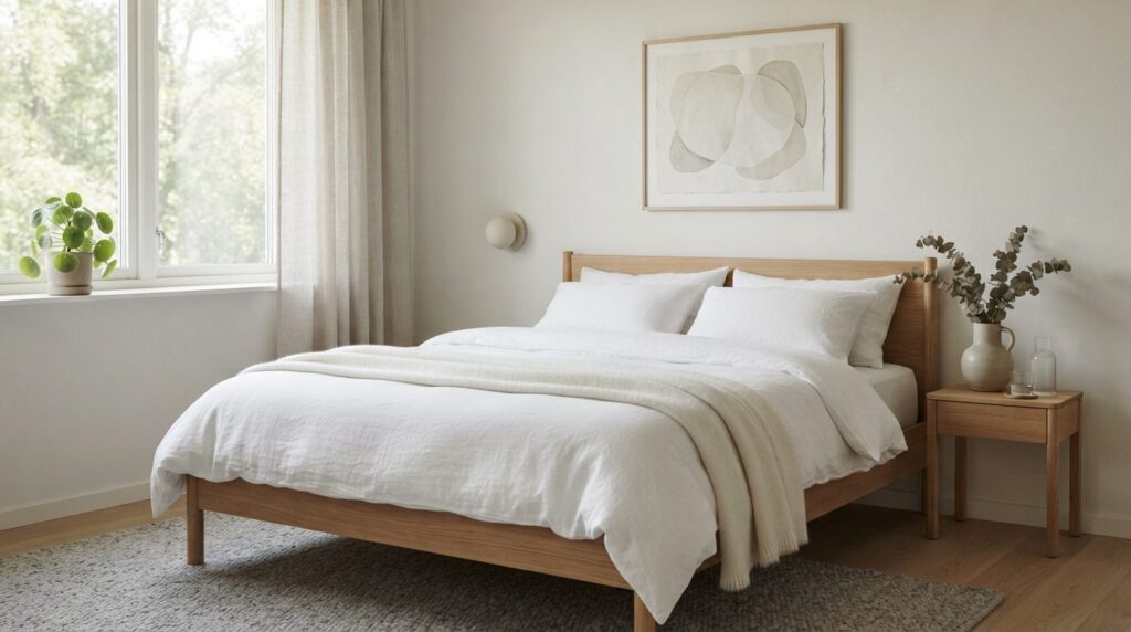 Serene minimalist Scandinavian bedroom interior with white b