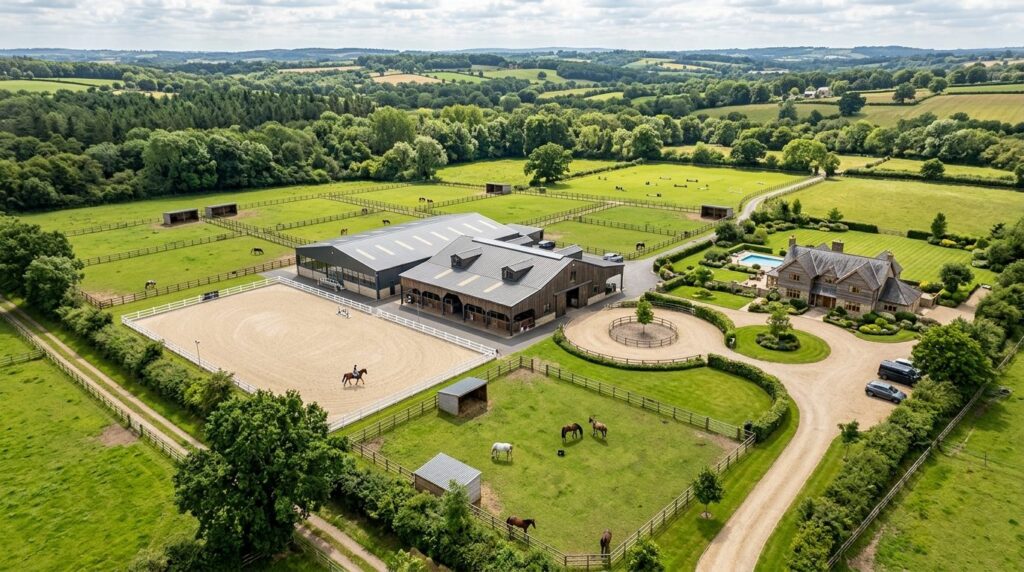 Aerial view of a well-maintained equestrian property featuri