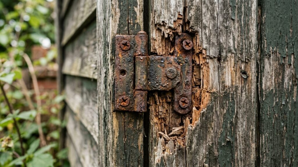 Close-up detail shot of a deteriorating shed door hinge and 