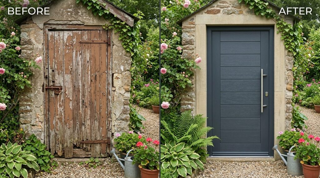 Before and after split-screen composition: left side shows a