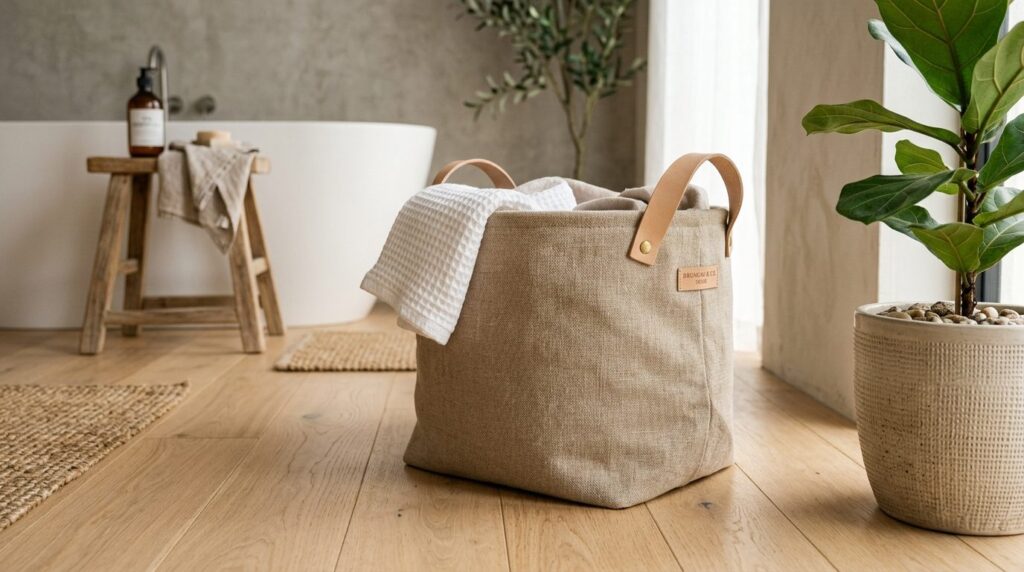 Close-up detail of a designer laundry basket in warm beige l