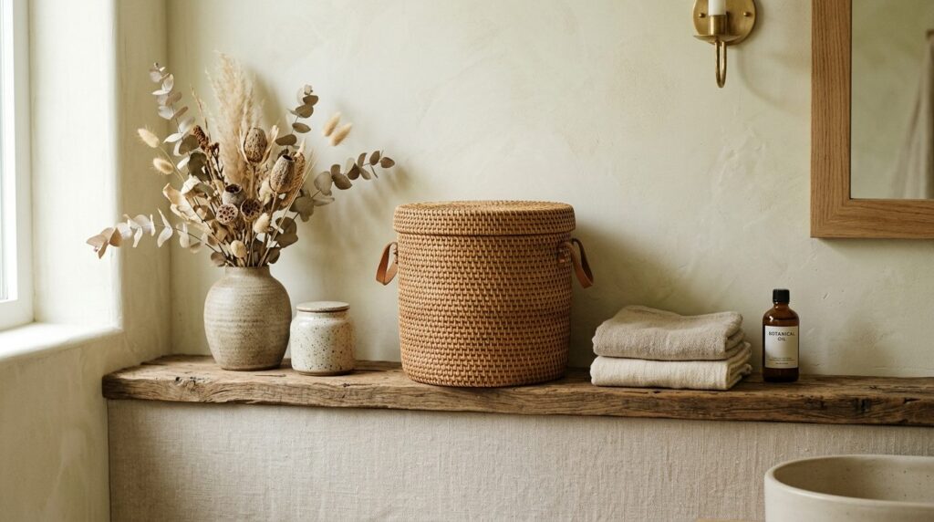 Styled bathroom vignette featuring an elevated woven storage