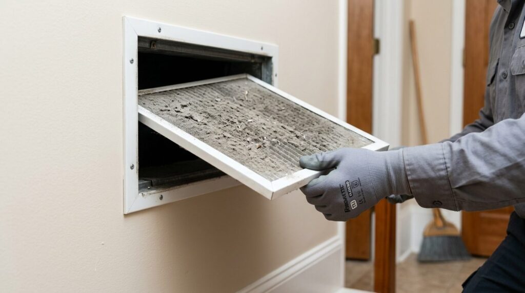 Close-up detail shot of a ventilation filter being removed f