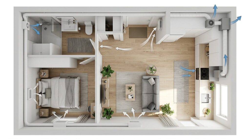 Overhead view of a studio apartment or one-room flat layout